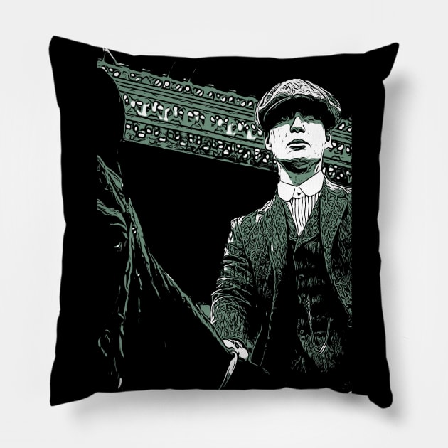 Thomas Shelby sits on his black horse with hat and suit as abstract comic graphic peaky blinders Pillow by ComicPrint