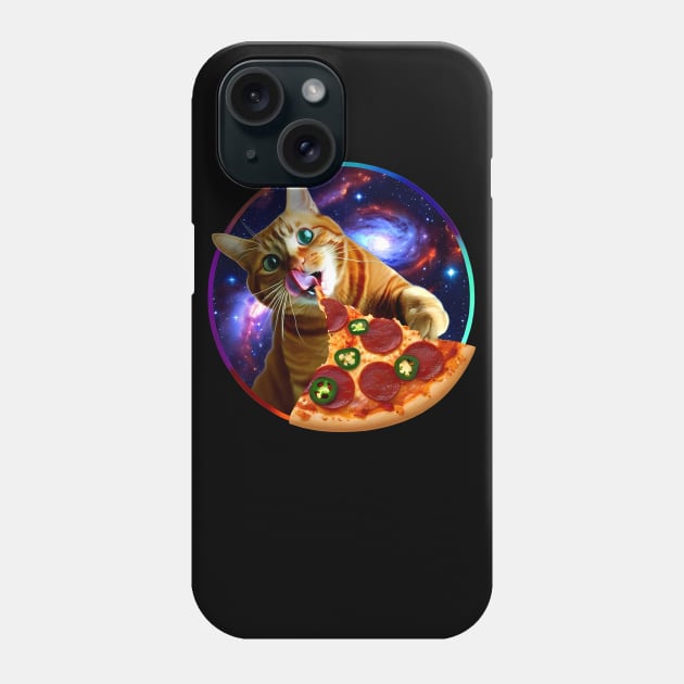 Funny Orange Cat eating Pizza in Space Phone Case by dukito