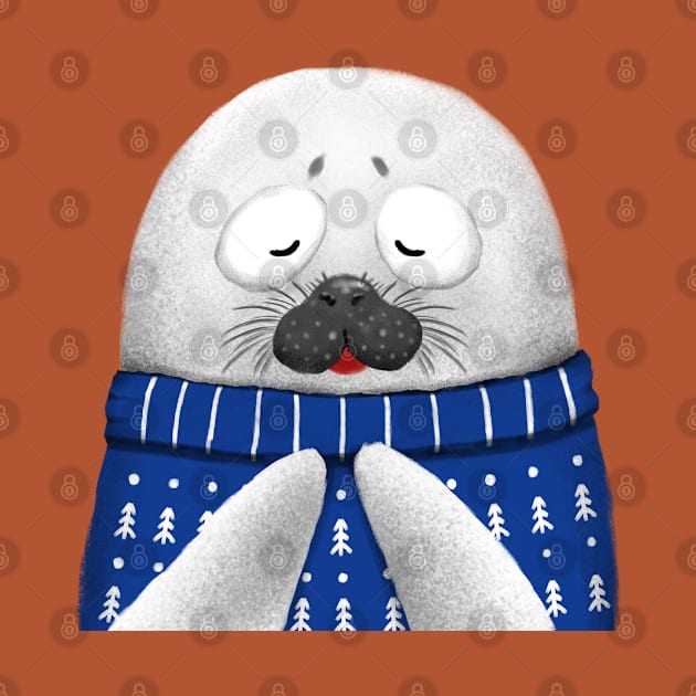 Cute Seal Wearing Blue Sweater by Luna Illustration