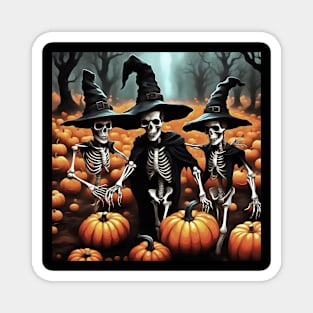 Three Skeletons Wearing Witches Costume In A Pumpkin Patch Magnet