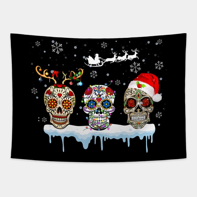 Christmas Three Mexican Flower Sugar Skull In Snow Xmas Tapestry by lostbearstudios