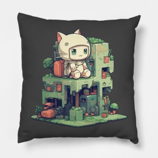 Small cute cat character sitting on a small building Pillow