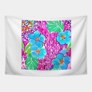 Pink and turquoise flowers and leaves preppy seamless pattern Tapestry