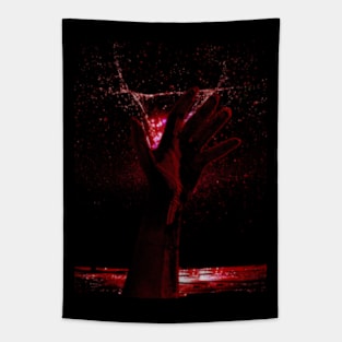 Digital collage and special processing. Hand reaching stars. Monster or great friend. Red. Tapestry