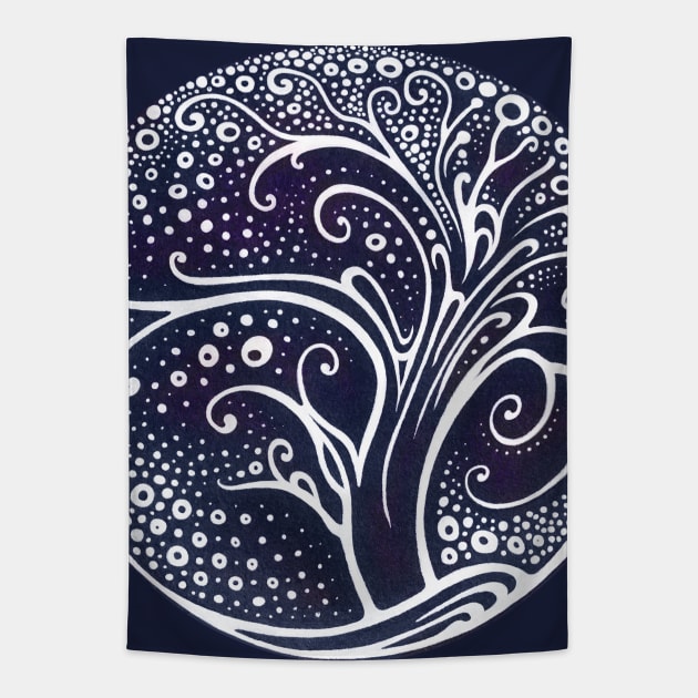 Starry night with a tree and snow Tapestry by Yulla