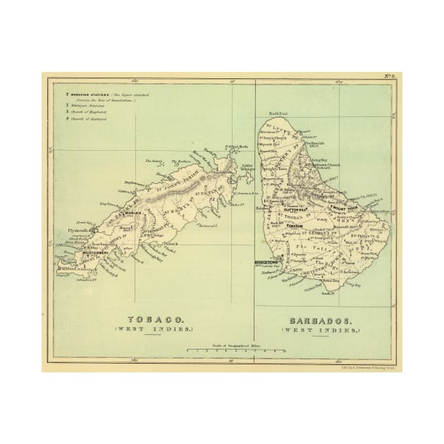 Vintage Map of Barbados and Tobago (1853) by Bravuramedia