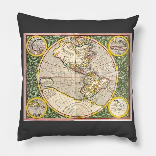 Antique Map of the Americas by Michael Mercator Pillow by MasterpieceCafe
