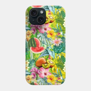 Vibrant tropical leaves pattern, watermelon illustration, tropical plants, yellow colorful tropical fruits Phone Case