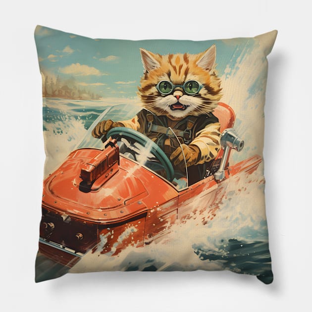 Retro Cats Summertime Boating | Vintage Style Kitty Art Pillow by KittyStampedeCo