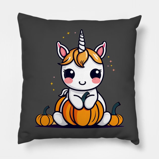 Unicorn with halloween pumpkin Pillow by Edgi
