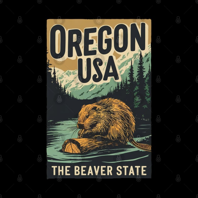 Vintage Retro Oregon USA Beaver by AI Art Originals