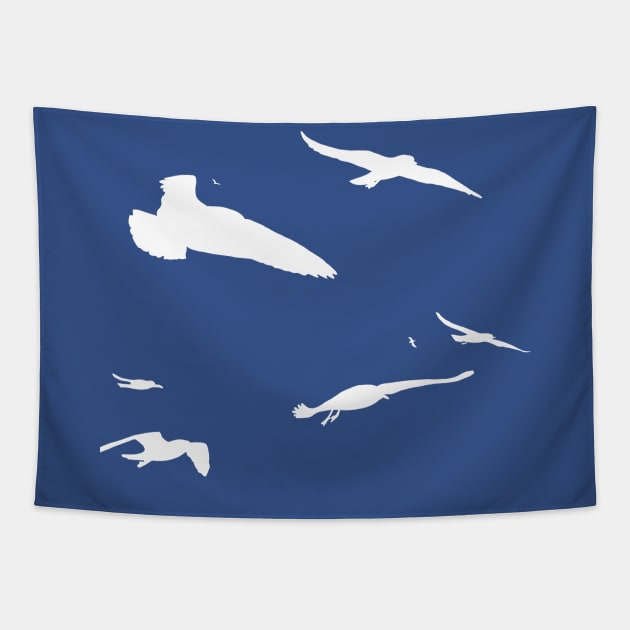 Flock Of Seagulls Scavenging White Silhouette Tapestry by taiche