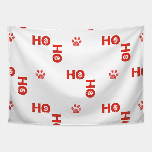 Christmas red Ho Ho Ho slogan with doodle white paw print Tapestry by GULSENGUNEL