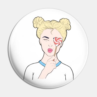 Girl blonde with a heart-shaped lollipop Pin