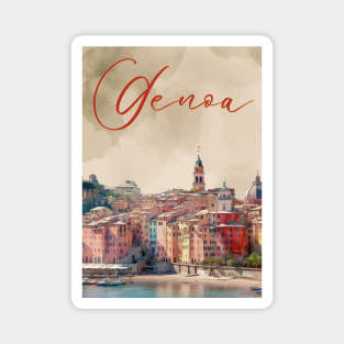 Genoa Italy Coastal City Watercolor Print – Mediterranean Travel Poster Magnet