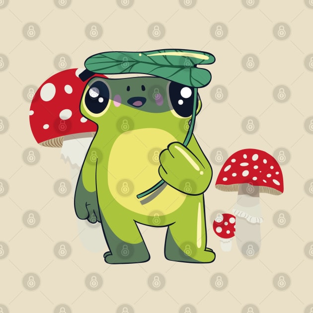 Cute Frog with Leaf Umbrella and Mushrooms Cottagecore by uncommontee