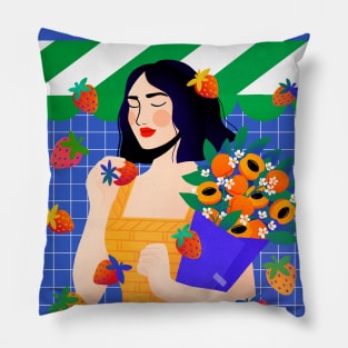 Strawberry Picnic girl with Peach bouquet Pillow