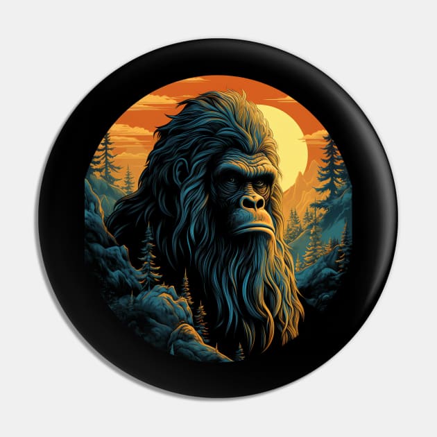 Vintage Retro Sunset Bigfoot Pin by AI Art Originals