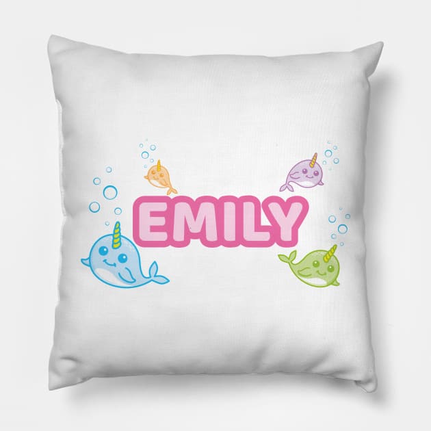 Personalised 'Emily' Narwhal (Sea Unicorn) Design Pillow by LTFRstudio