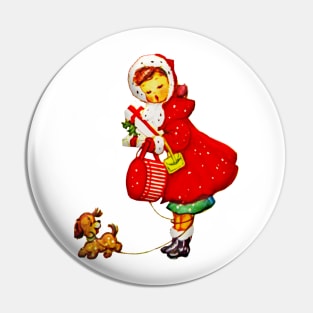 Vintage Christmas Girl and Dog Pin