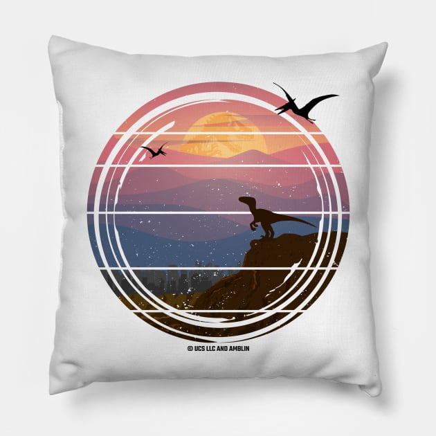 Jurassic T Rex Sunset - Blue Velociraptor CityScape Pillow by Jurassic Merch