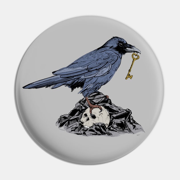 Raven with Golden Key on Rocks and Skull Pin by NaturalDesign