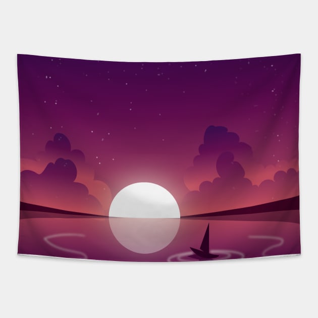 Sunset Paper boat at Dawn I Landscape Tapestry by Art by Ergate