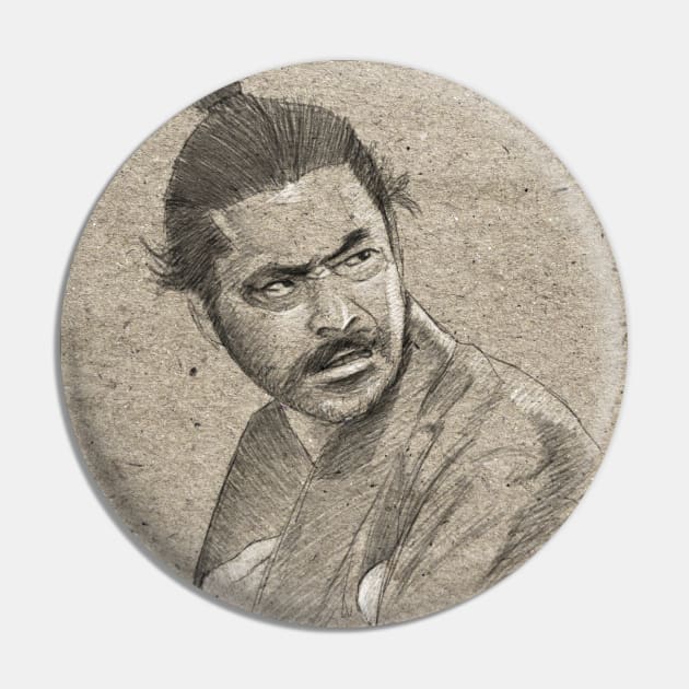 Yojimbo - Toshiro Mifune Portrait Drawing Pin by ianoz