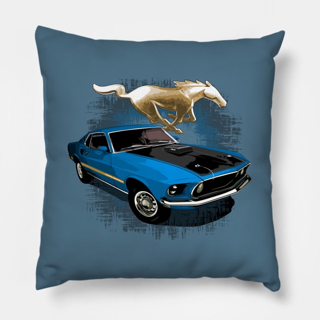 Blue 69 Mustang Mach 1 Pillow by ZoeysGarage