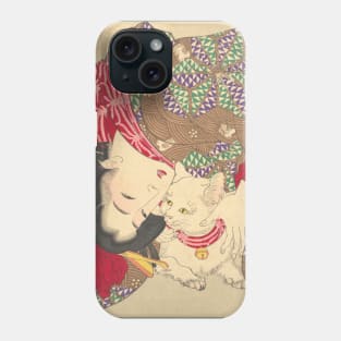 Teasing the cat. Beautiful Japanese woman with cat print Phone Case