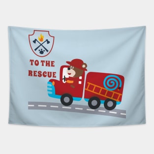 Fire rescue car with funny firefighter Tapestry