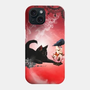 Cute playing cat and crow Phone Case