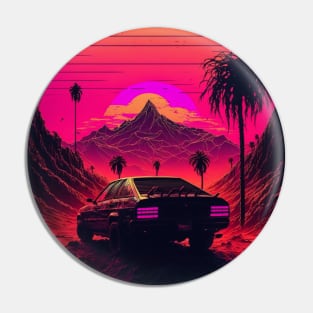 80s Stylized Car Parked Before Synthwave Sun Pin