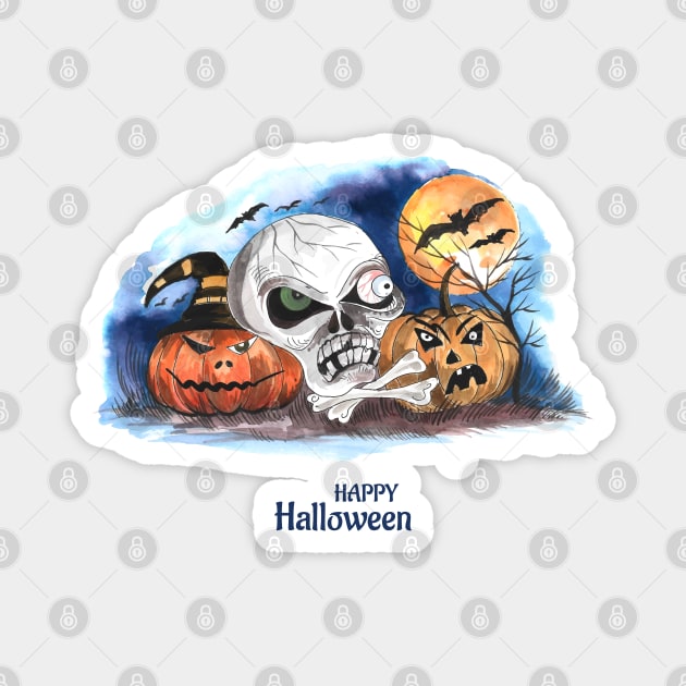 Happy Halloween Skull Pumpkin Magnet by Mako Design 