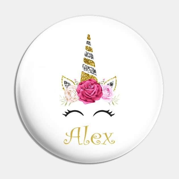 Alex | Personalized Name With Unicorn And Flowers For Girls And Women Pin by Dizak Design