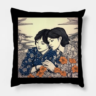 Two Asian female Friends in Flower Field Pillow