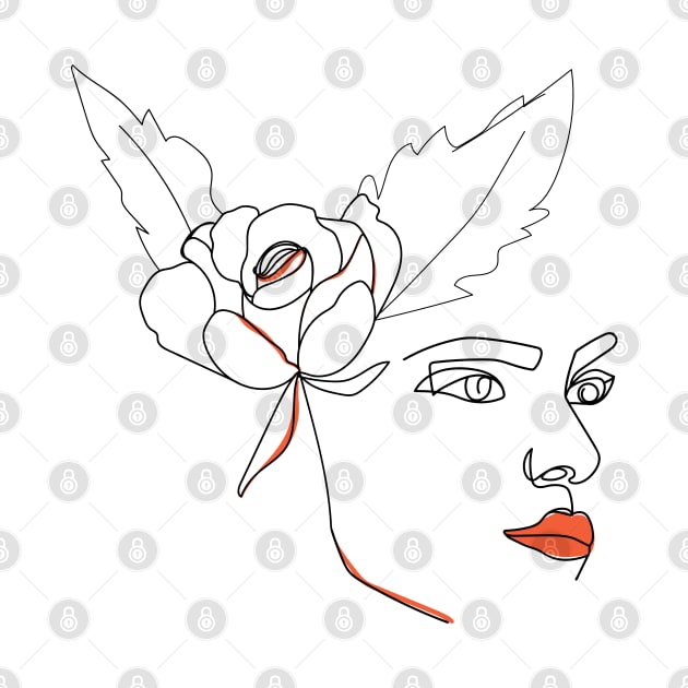 Minimal woman line art. One line woman face with rose flower. by CoCoArt-Ua