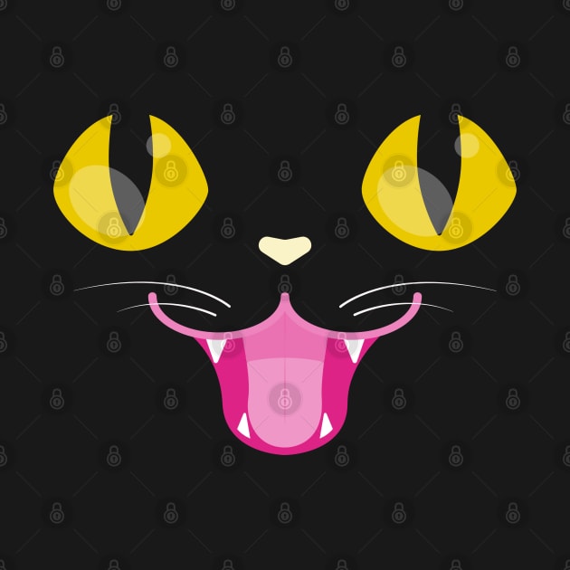 Black Cat Face Happy Halloween Kitty Yellow Pink & White w/ Whiskers and Fangs by Always Growing Boutique