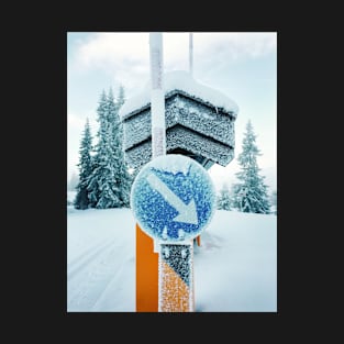 Snow-Covered Traffic Sign in Frozen Winter Landscape in Scandinavia T-Shirt