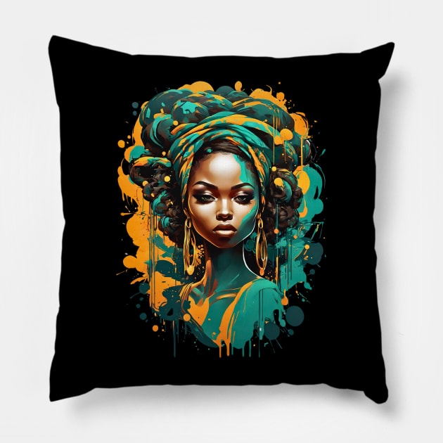 Black Woman African Tribal retro vintage regal design Pillow by Neon City Bazaar