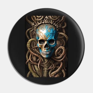 Blue and Gold Skull | Skull and Tentacles Artwork | Armored Skull | Dystopian Skull | Warrior Skull Pin