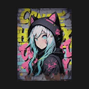 Kawaii Aesthetic Brick Wall Nekomimi Anime Cat Girl Graffiti Art Style T-Shirt