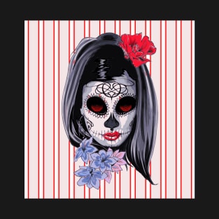 Red White and Black Striped Graphic & makeup mask,floral,flower skull T-Shirt