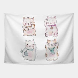 Maneki Neko - Watercolor Kawaii Japanese Lucky Cats Tapestry