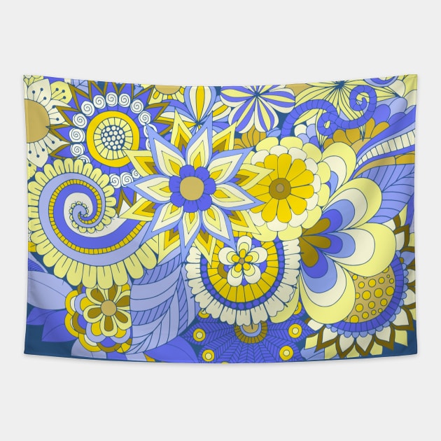 Yellow and Blue Elegant Floral Design Tapestry by AlondraHanley