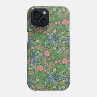 Blue sweet peas with pink roses and dragonflie on green background Phone Case