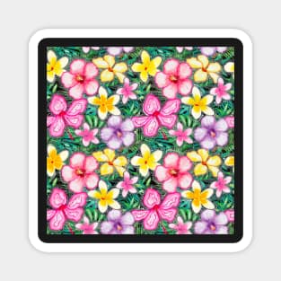 Tropical Flowers Hibiscus and Frangipani Pattern Colourful Magnet