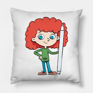 redhead girl holding a big digital pen Pillow