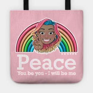 rainbow Reva Prisma peace sign emoji (white text) Tote