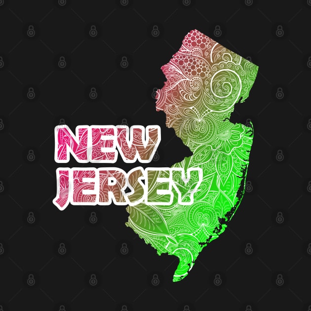 Colorful mandala art map of New Jersey with text in pink and green by Happy Citizen